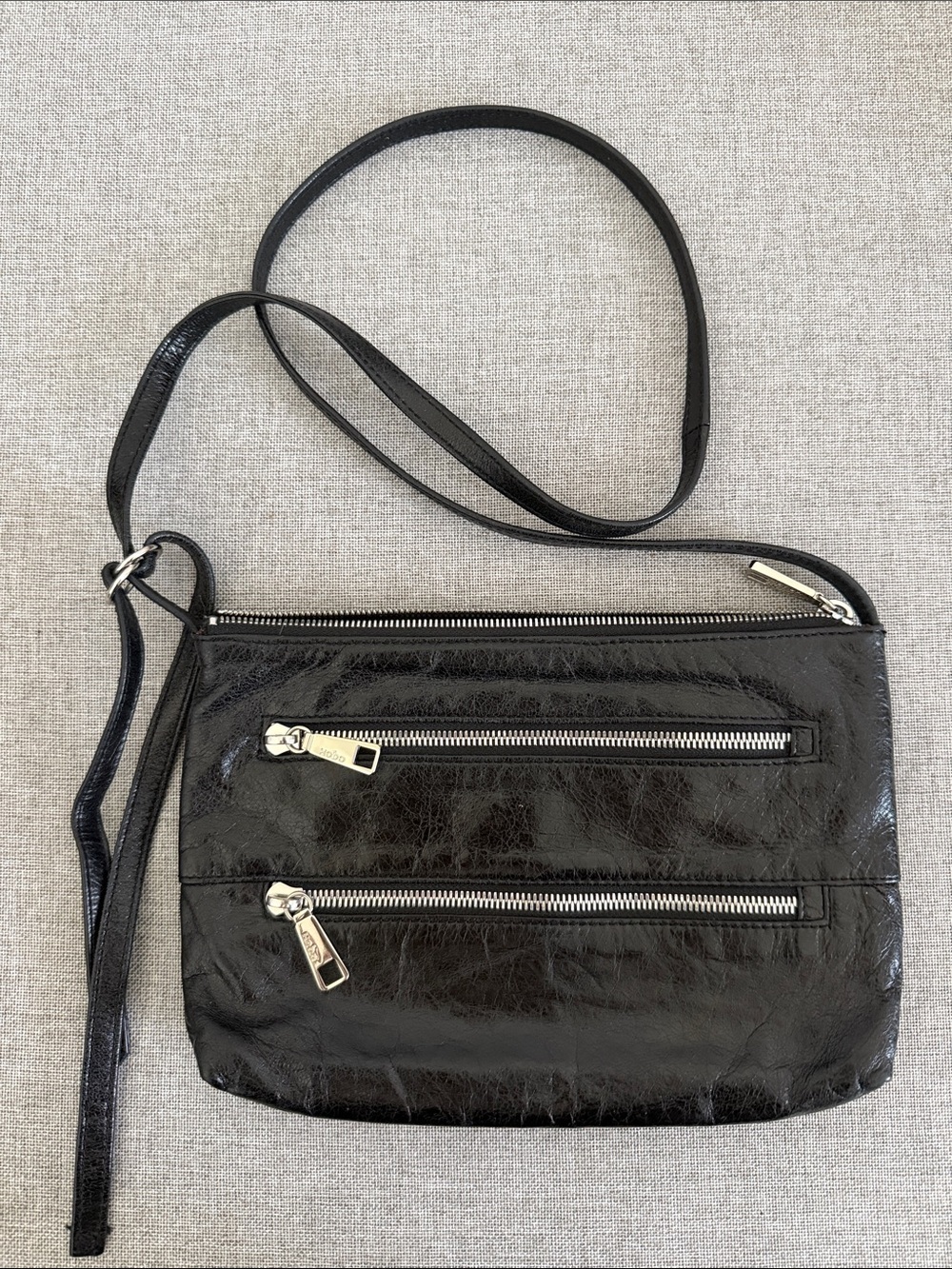 HOBO International MARA Black glazed Leather Crossbody with Dual Front Zips - Picture 1 of 9